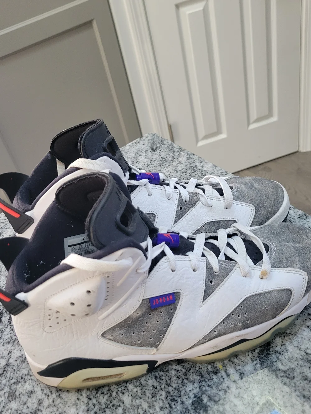 Jordan Retro High-Top Sneakers in White, Gray, Black & Purple - Picture 4 of 8